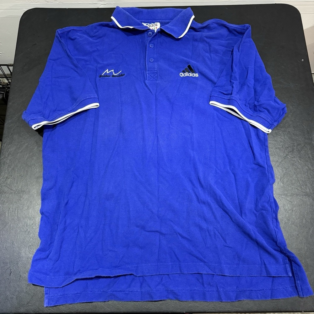 Vintage 90s Adidas Embroidered Collared Blue Polo White Trim Sleeves Size XXL